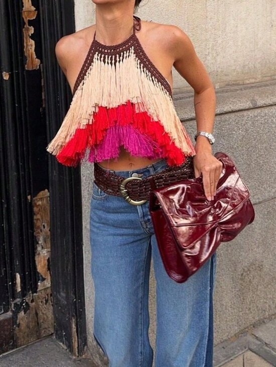 Tops - Multicolor Casual Women's Boho Crochet Fringe Halter Crop Tank Top